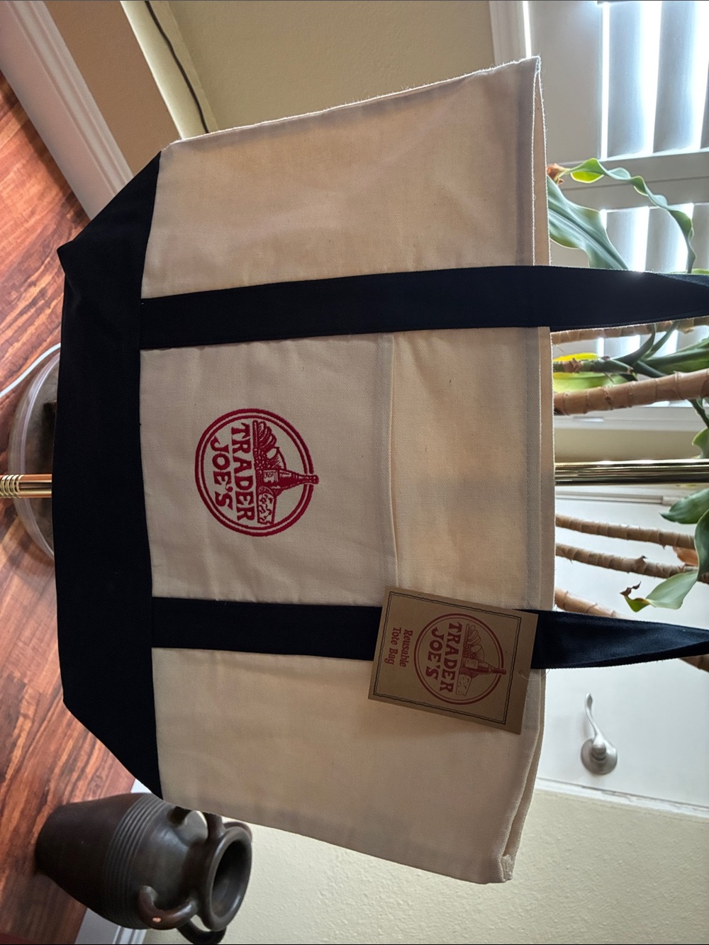 Canvas Tote Bag - White with Navy Blue Trim